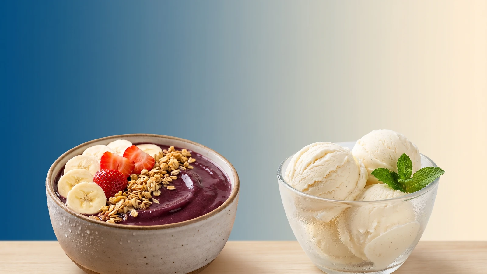 Açaí y helado Gelimo lado a lado en una comparación de ingredientes, porciones y toppings