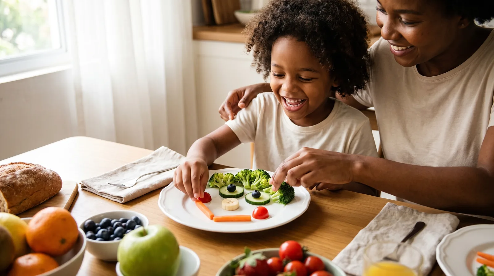Niño creando dibujos divertidos en el plato con frutas, vegetales y otros alimentos.