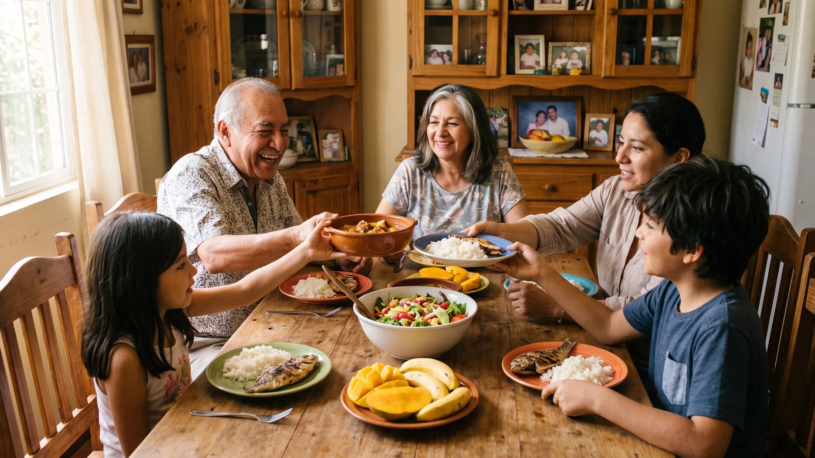 Familia con niños, padres y abuelos compartiendo una comida juntos