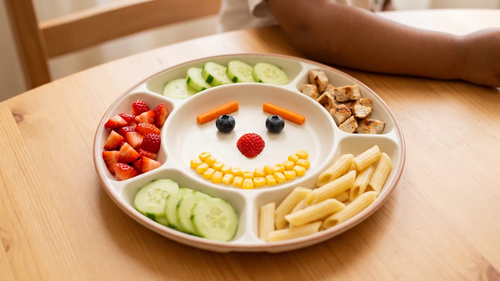 Plato infantil colorido con frutas, vegetales, proteína y diferentes tipos de alimentos