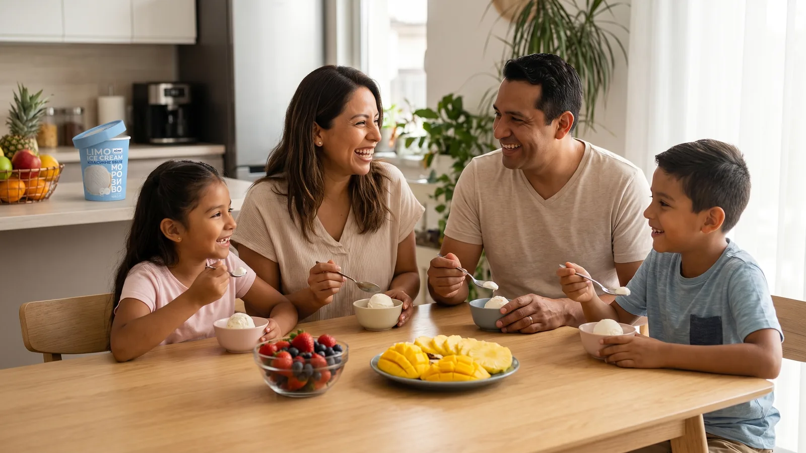Familia compartiendo pequeñas porciones de helado con frutas después de la comida