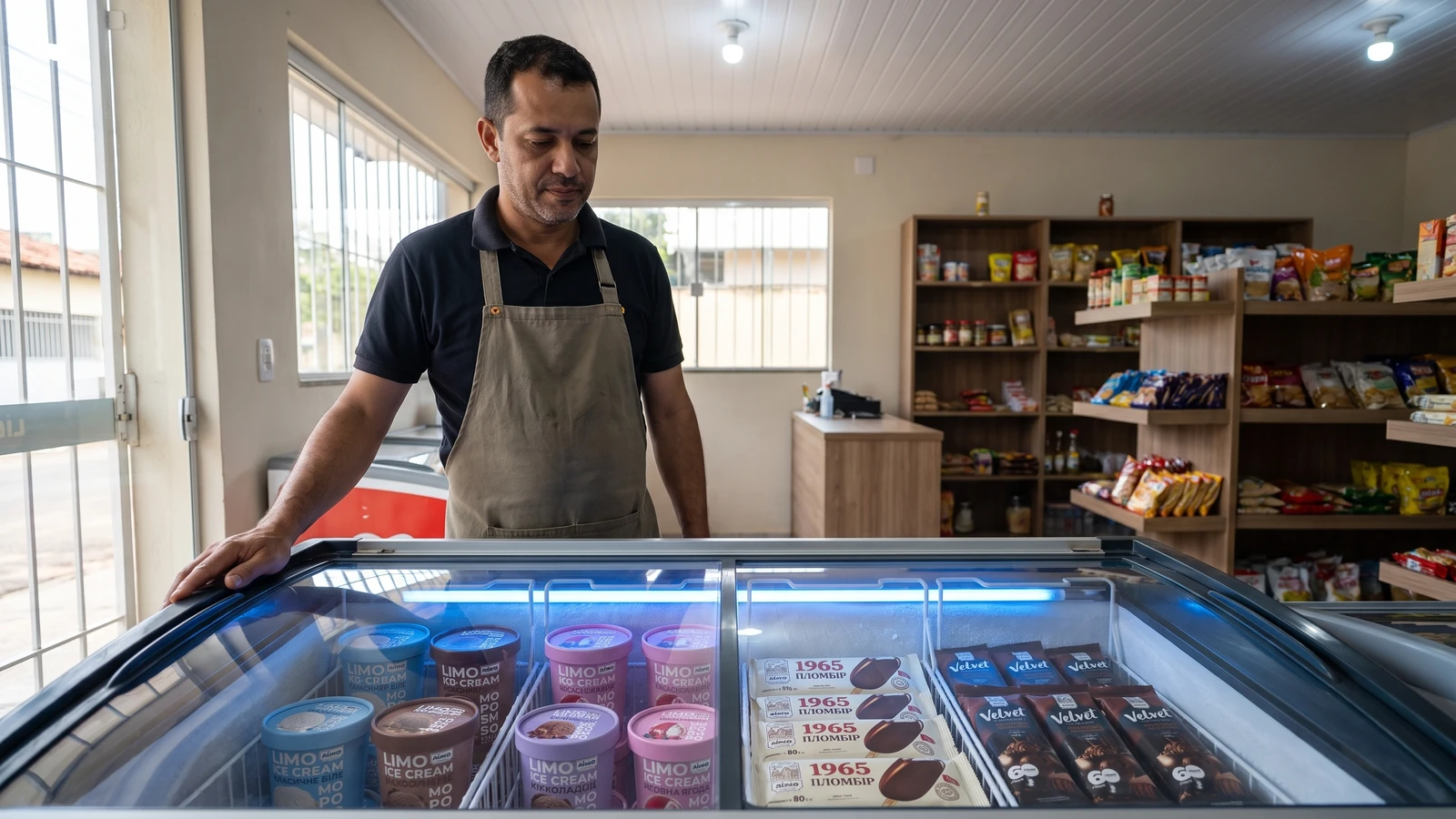 Pequeña reventa de helados con un congelador abastecido con productos Gelimo.