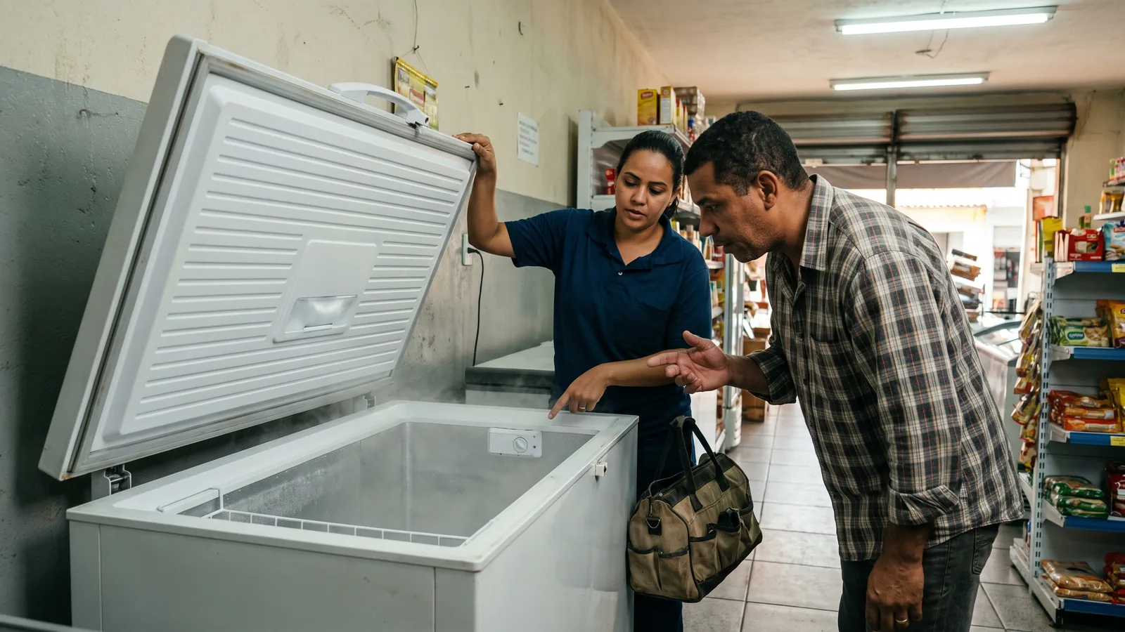 Revisión del congelador y de los equipos para la venta de helados.
