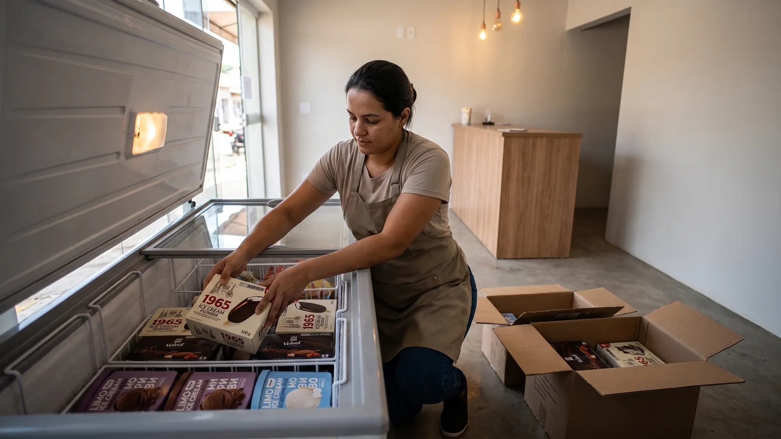 Organización del inventario inicial de helados antes de la apertura.