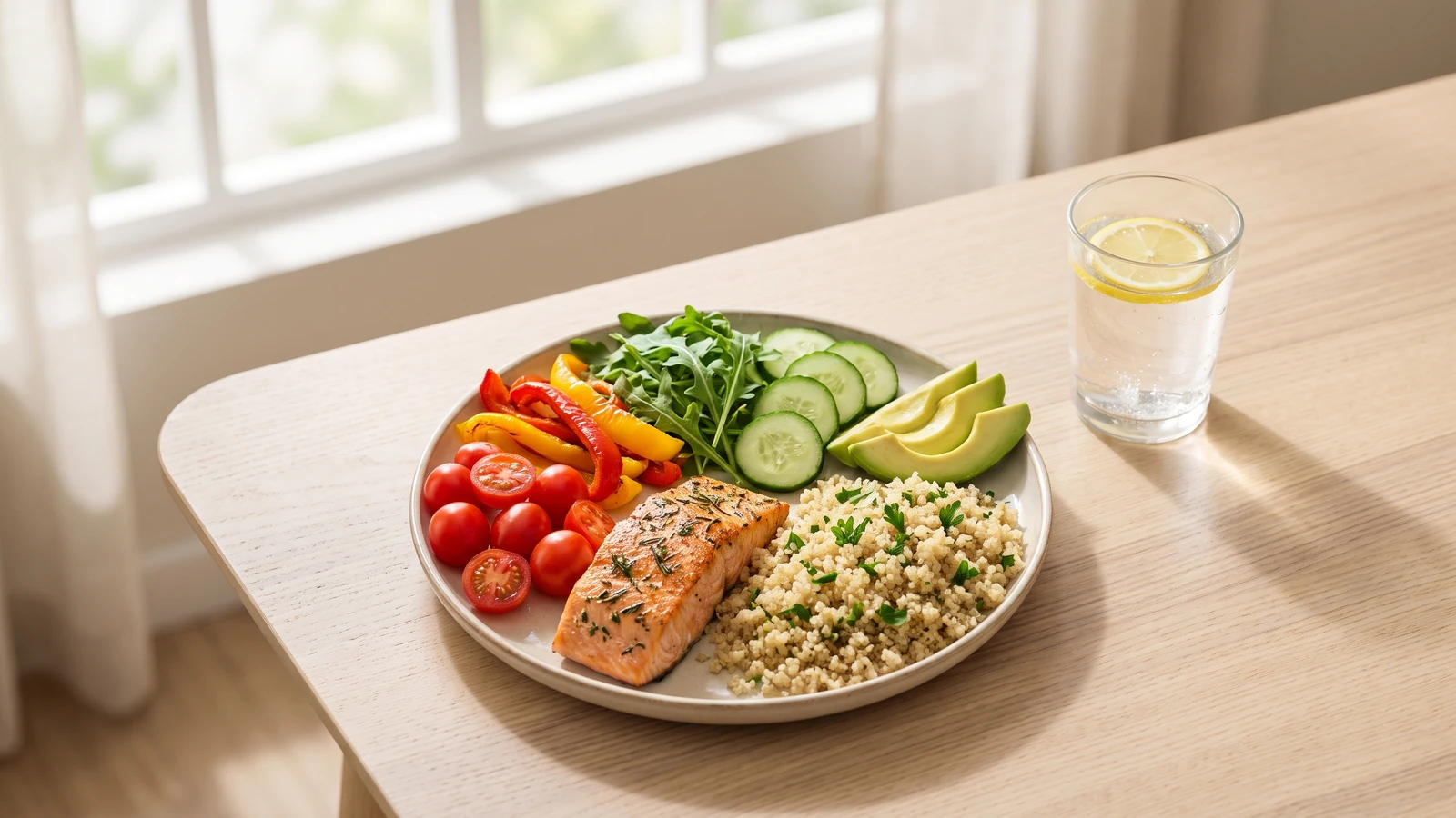 Plato equilibrado con vegetales de colores, pescado a la plancha y quinua, junto a un vaso de agua