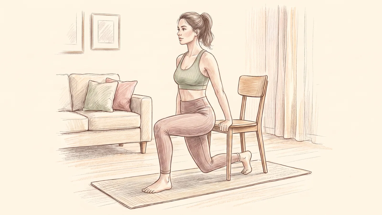 Mujer haciendo estocadas en casa para fortalecer piernas y glúteos y mejorar el equilibrio