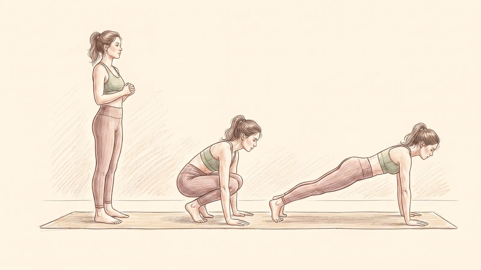 Secuencia de burpee para principiantes sin salto, ejercicio hecho en casa para mover todo el cuerpo