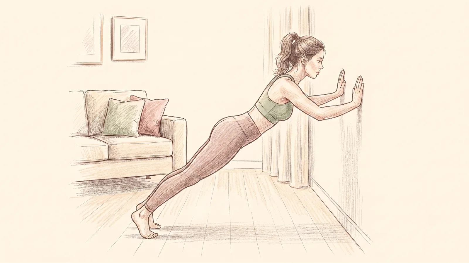 Mujer haciendo flexiones con apoyo en la pared, una opción simple de ejercicio para principiantes en casa