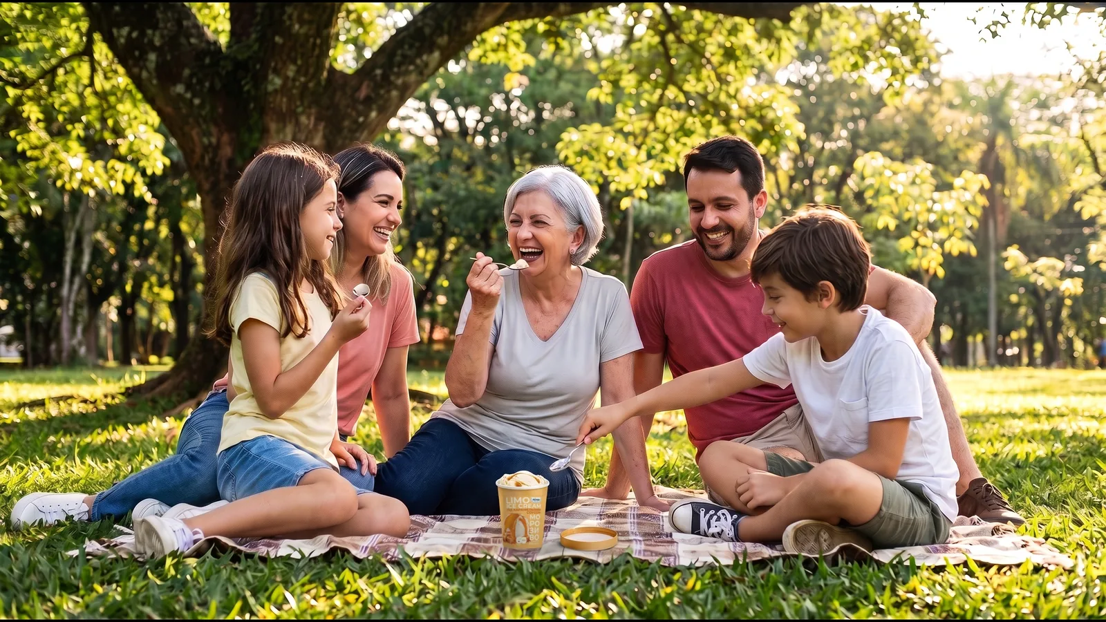 Familia compartiendo helado Gelimo durante un día agradable al aire libre.