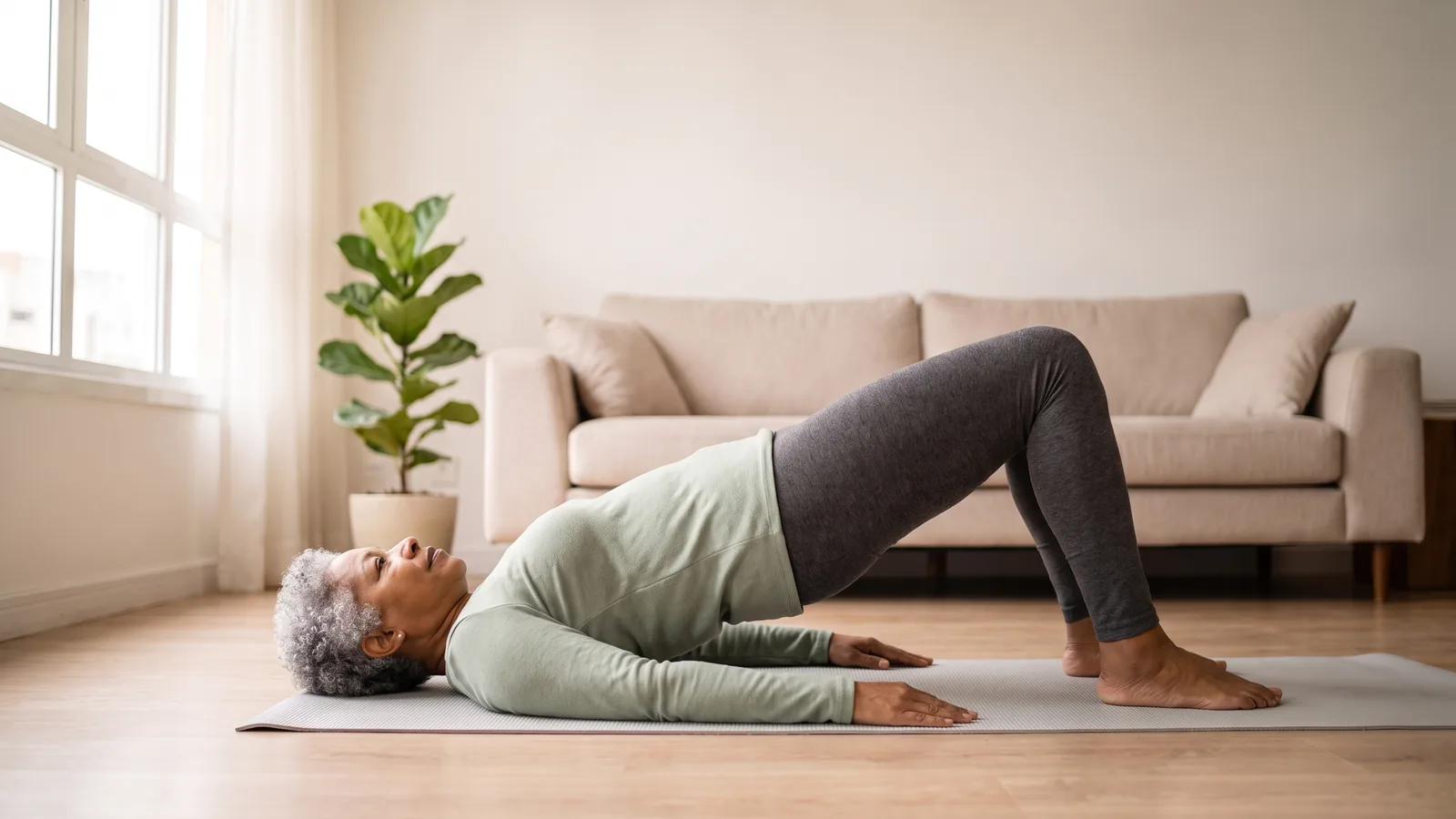 Mujer haciendo puente de glúteos en casa para fortalecer glúteos y zona lumbar.