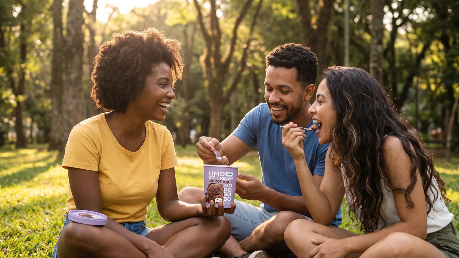 Amigos brasileños descansando en el parque después de una caminata y compartiendo un pote de helado Gelimo.