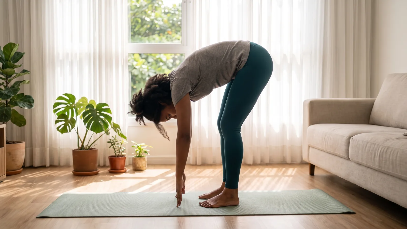 Mujer de pie sobre la colchoneta, con las rodillas levemente flexionadas, inclinando el tronco hacia adelante de forma relajada
