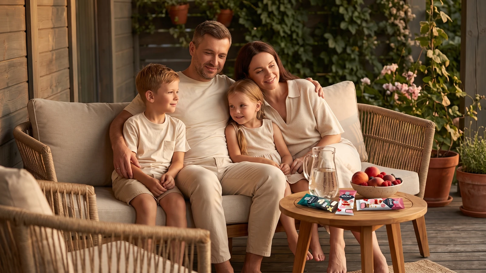 Familia descansando después de un día activo y compartiendo helado Gelimo en un momento agradable.
