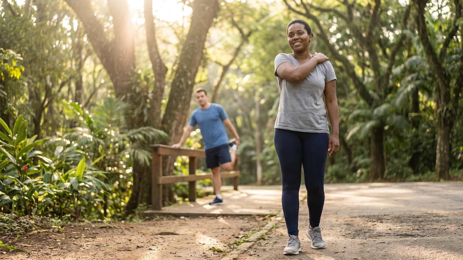 Persona principiante preparándose para correr en un parque, con ropa deportiva cómoda y un clima liviano de bienestar.