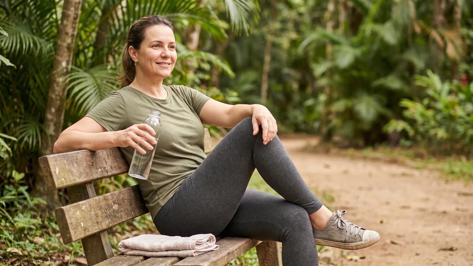 Persona descansando después del ejercicio, sentada en un parque con agua en la mano y expresión tranquila.