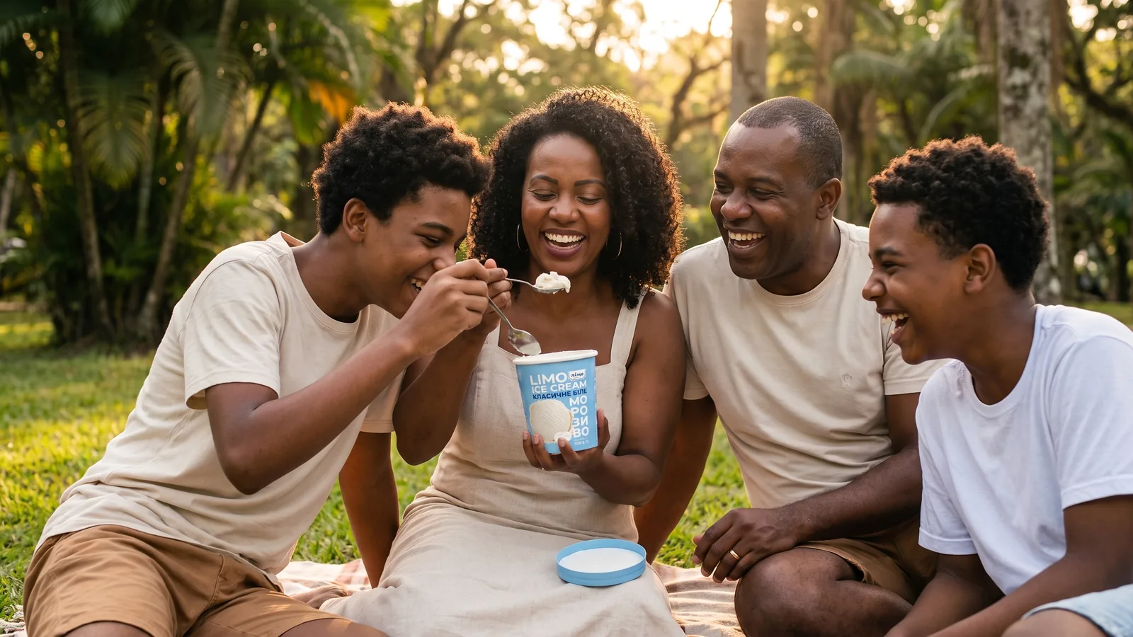 Amigos o familia compartiendo un envase de helado Gelimo Clássicos después de una caminata liviana, en un momento de descanso y placer.