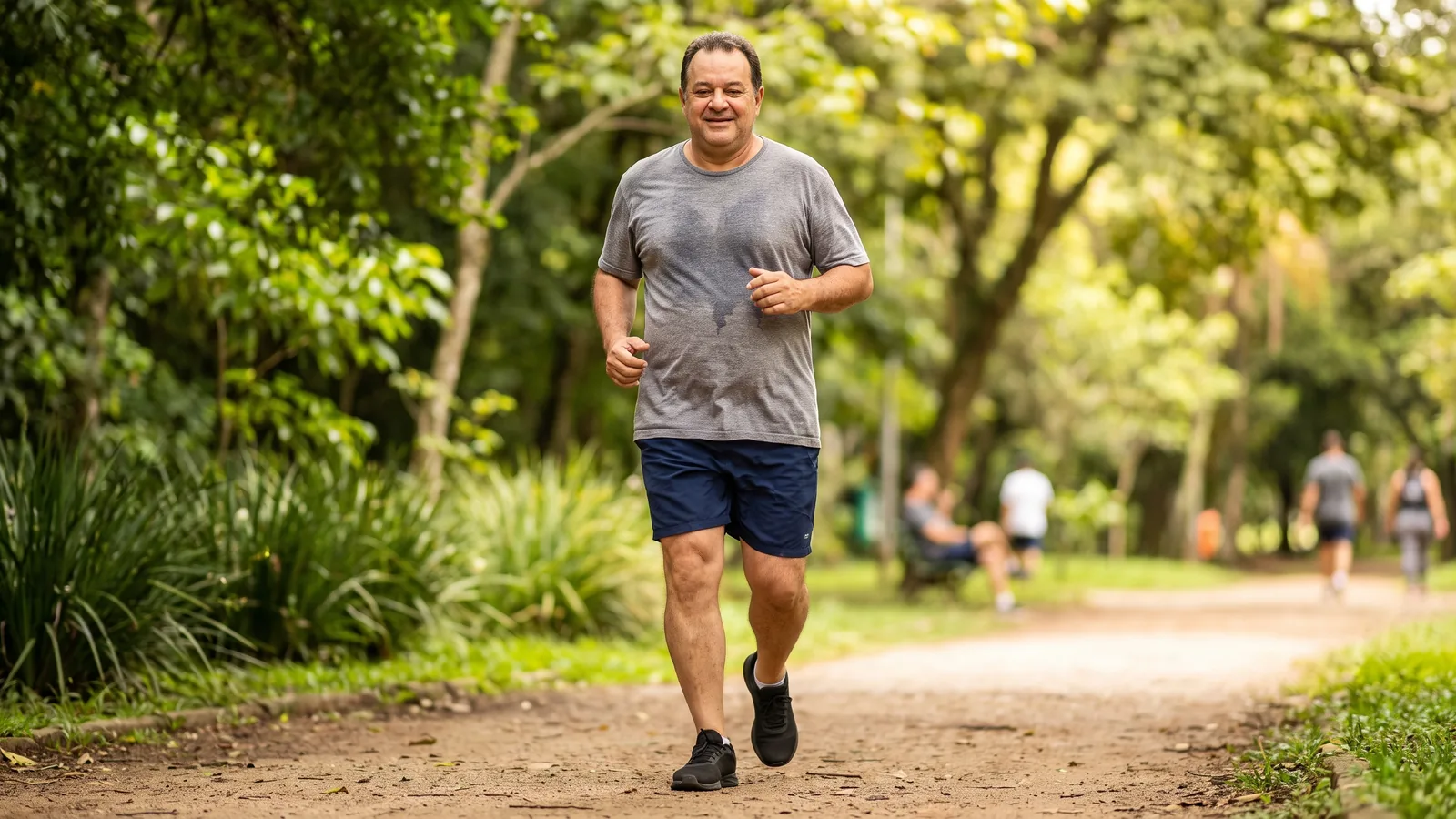 Persona corriendo a ritmo suave en una pista al aire libre, ideal para principiantes que alternan trote y caminata.