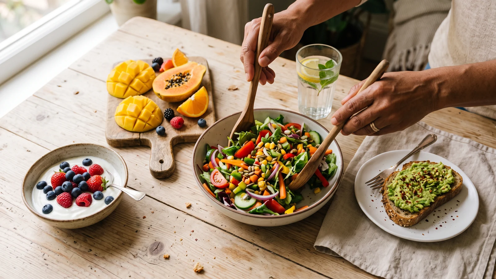 Alimentos simples y coloridos, como frutas, ensalada, yogur y agua con limón