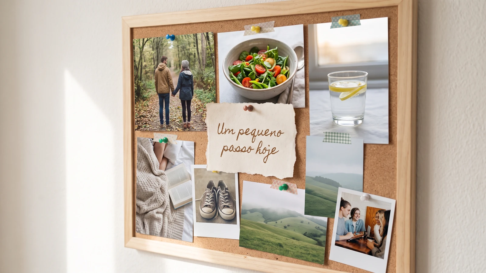 Mural de inspiración con imágenes de caminata, alimentación equilibrada, descanso y una nota escrita a mano