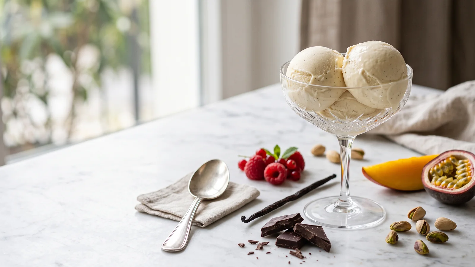 Helado cremoso servido en una copa con ingredientes seleccionados alrededor