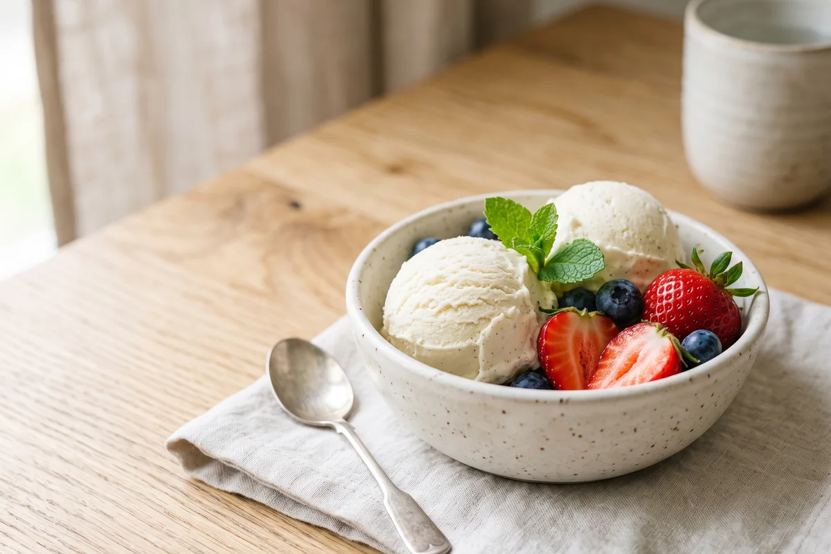 Porción de helado servida con frutas frescas en una composición ligera y equilibrada