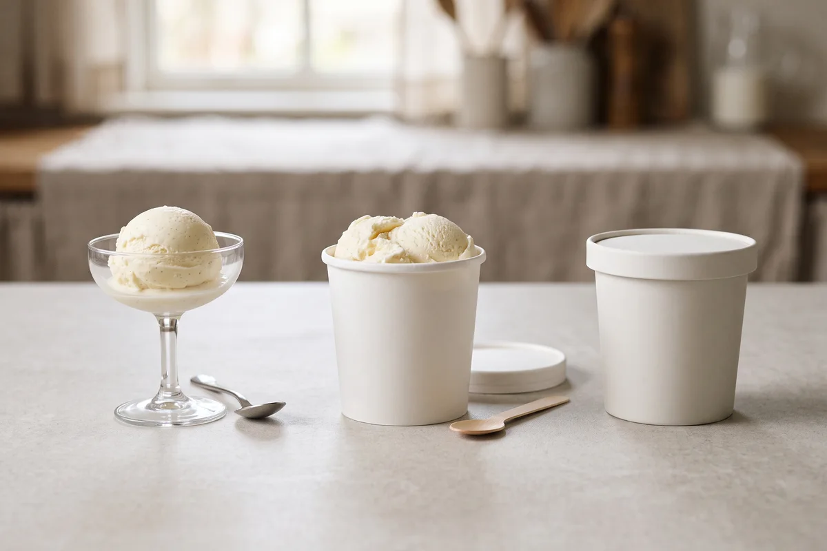 Diferentes formas de servir helado, incluyendo copa, envase y empaque premium