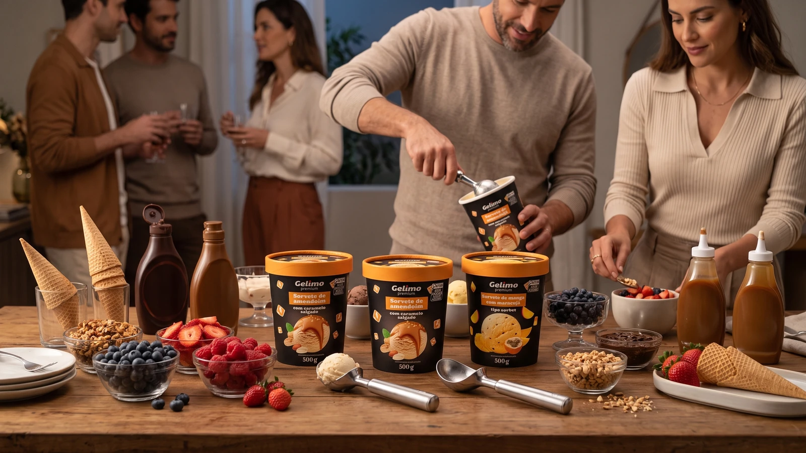 Barra de helados con potes Gelimo, coberturas e invitados armando su propio postre.