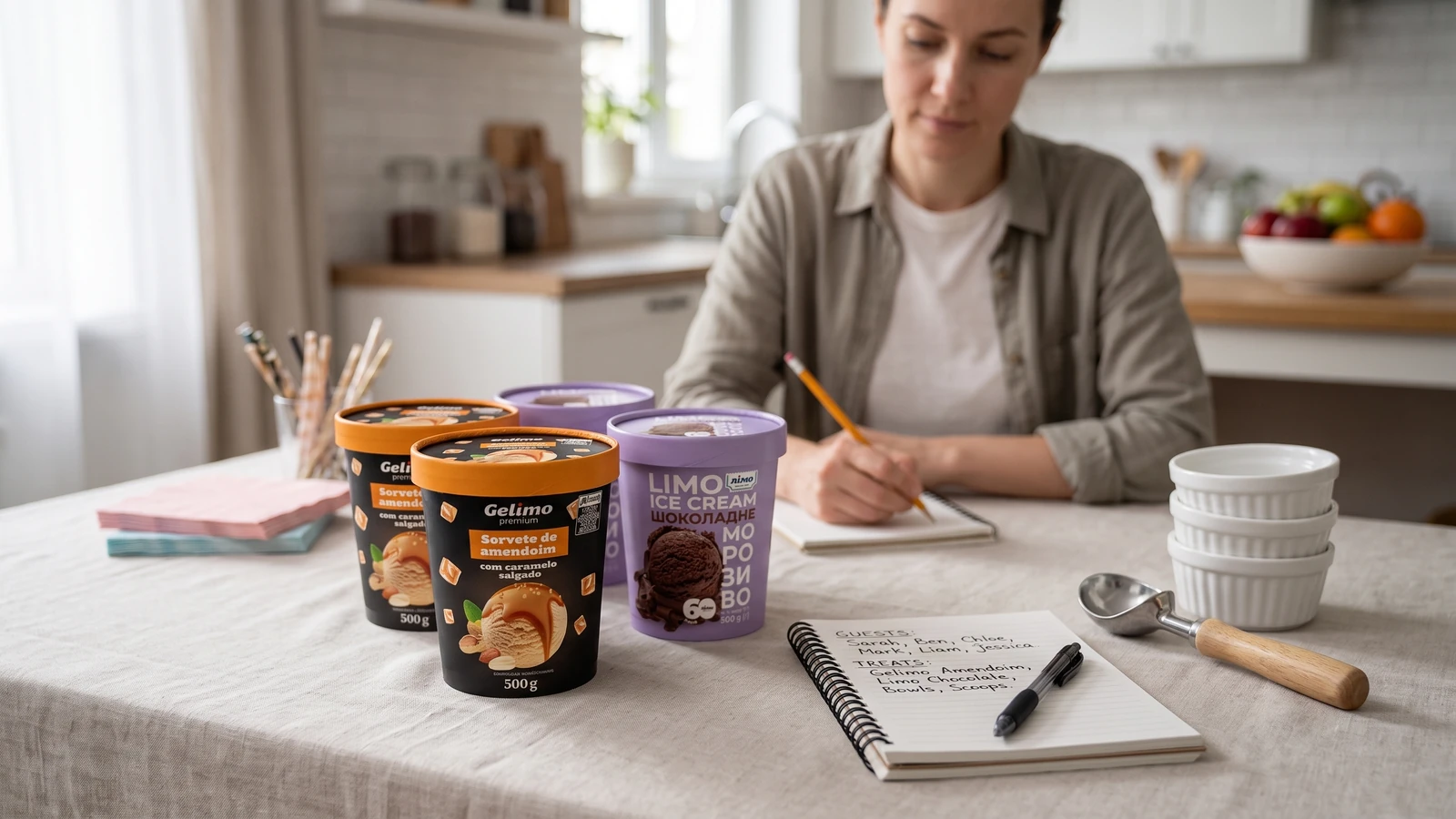 Persona organizando potes de helado Gelimo y calculando la cantidad ideal para una fiesta.