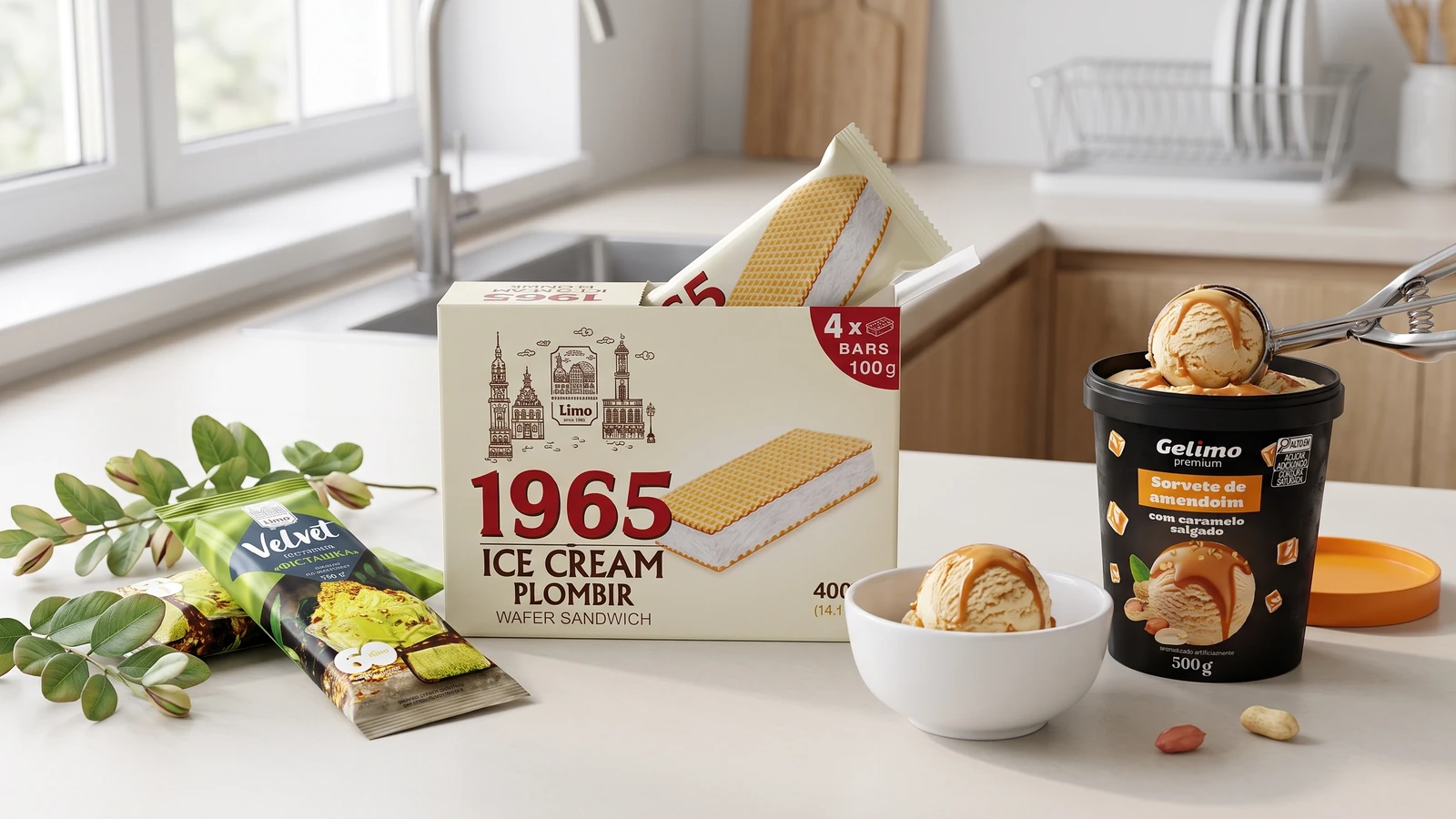 Tres formatos diferentes de helado Gelimo: paleta, sándwich de un multipack y helado en pote grande.