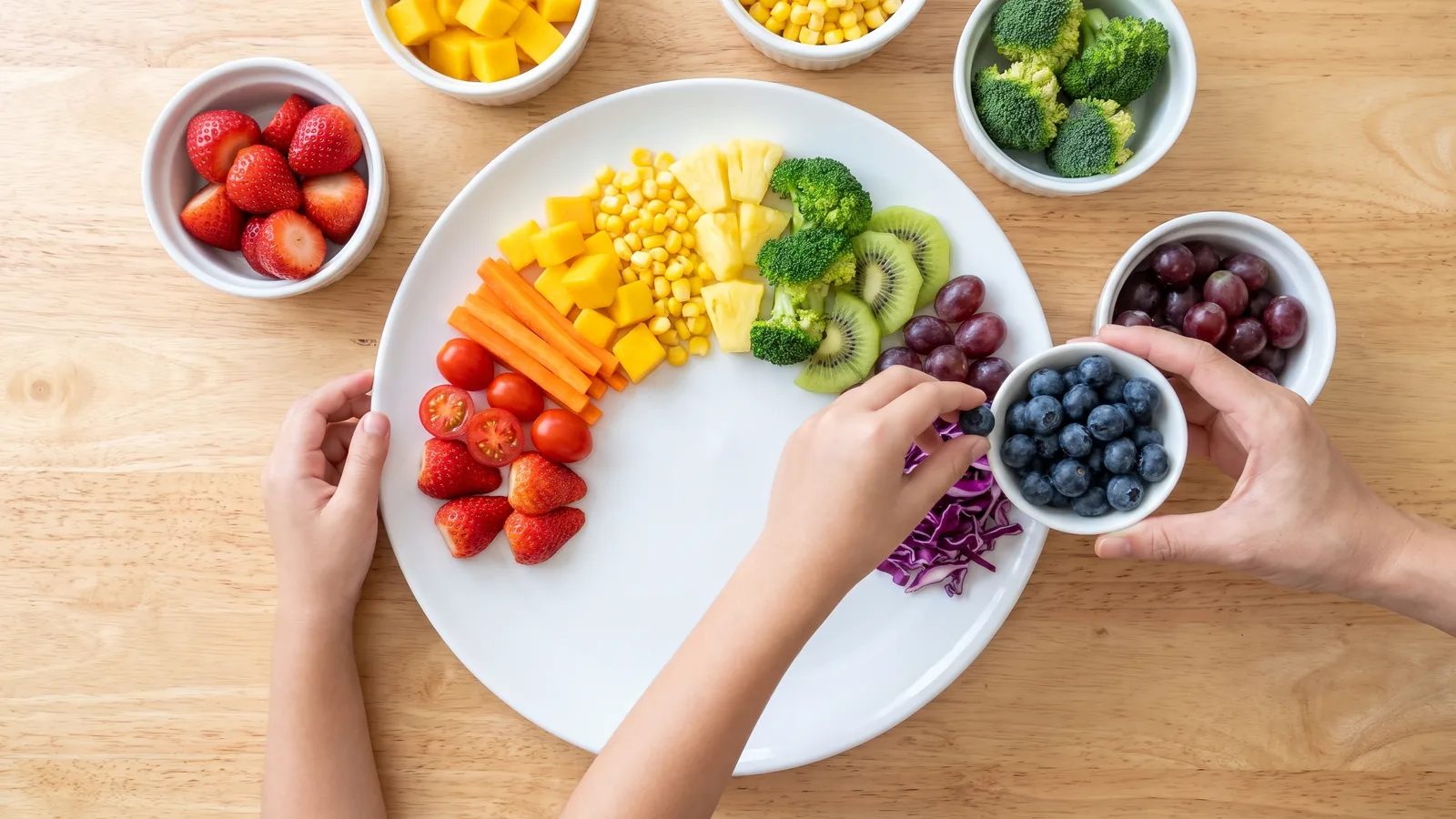 Niño preparando un plato colorido con frutas y vegetales de diferentes colores