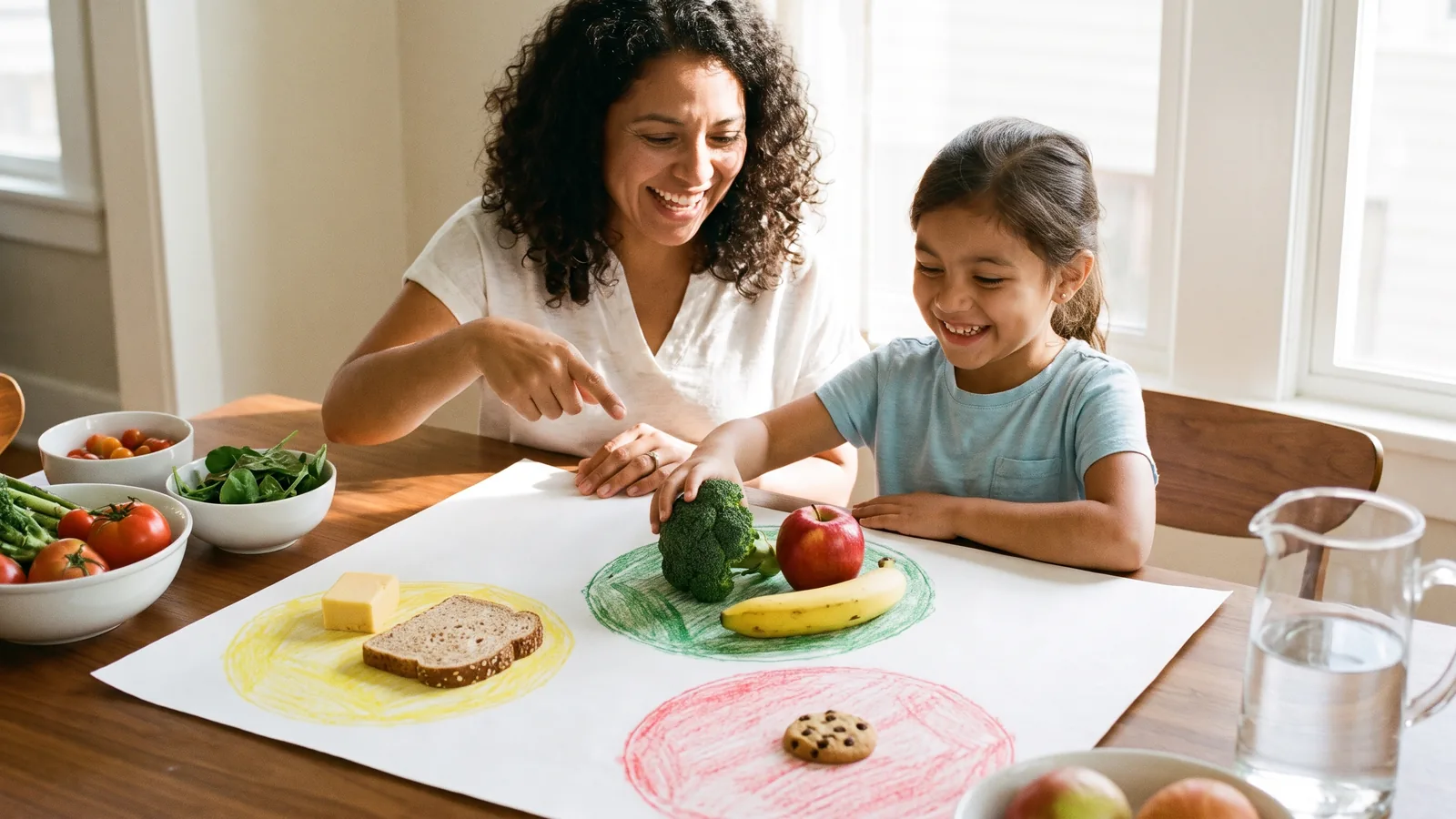 Niño aprendiendo sobre alimentación con el juego del semáforo de los alimentos