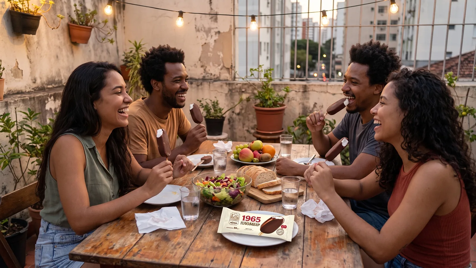 Amigos brasileños compartiendo un momento de convivencia y disfrute con helado
