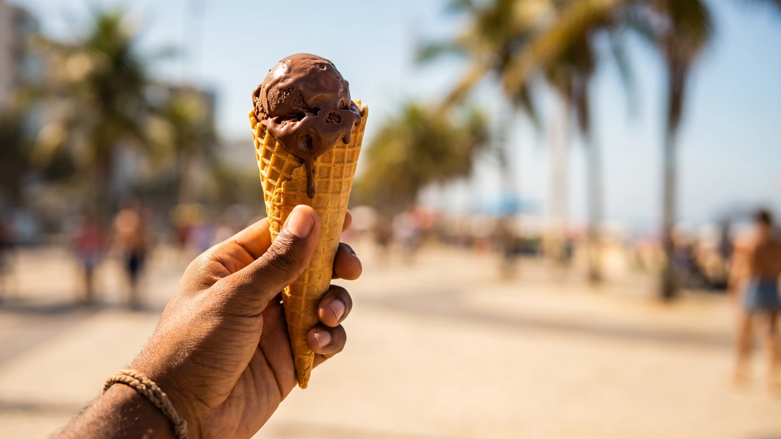 Mano sosteniendo un barquillo de helado de chocolate en un día soleado en Brasil.
