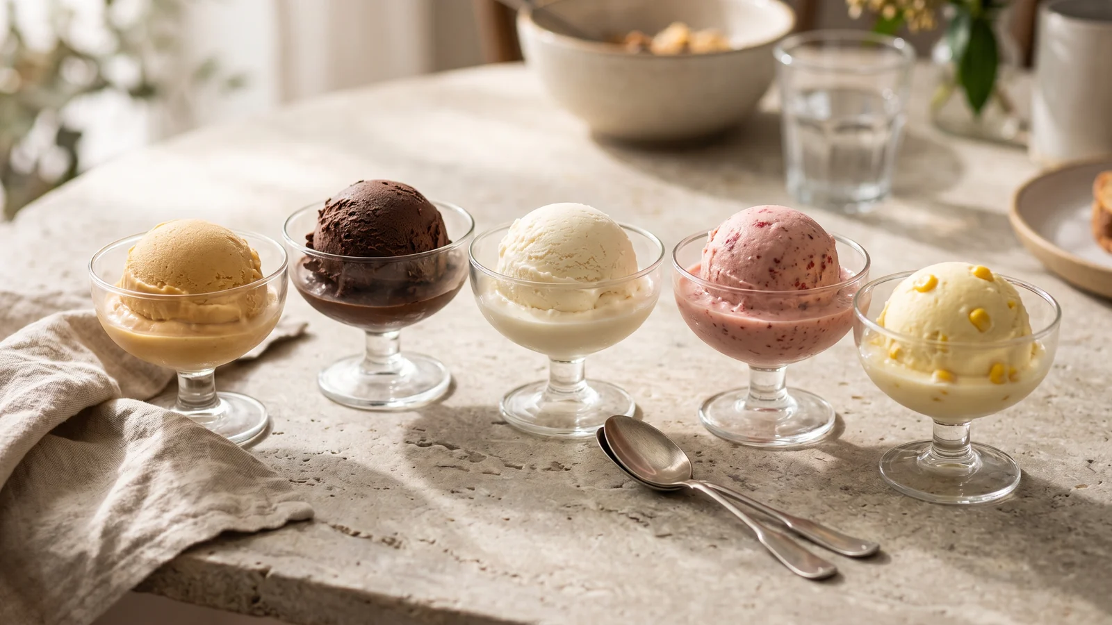 Helados de chocolate, crema, fresa, dulce de leche y maíz dulce.