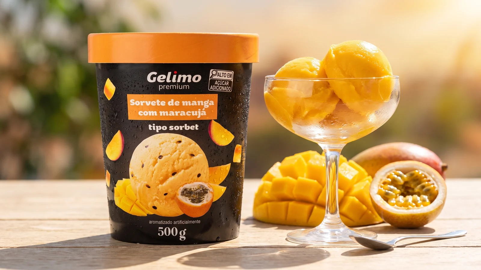 Gelimo Premium Sorbet de mango con maracuyá en un día soleado.