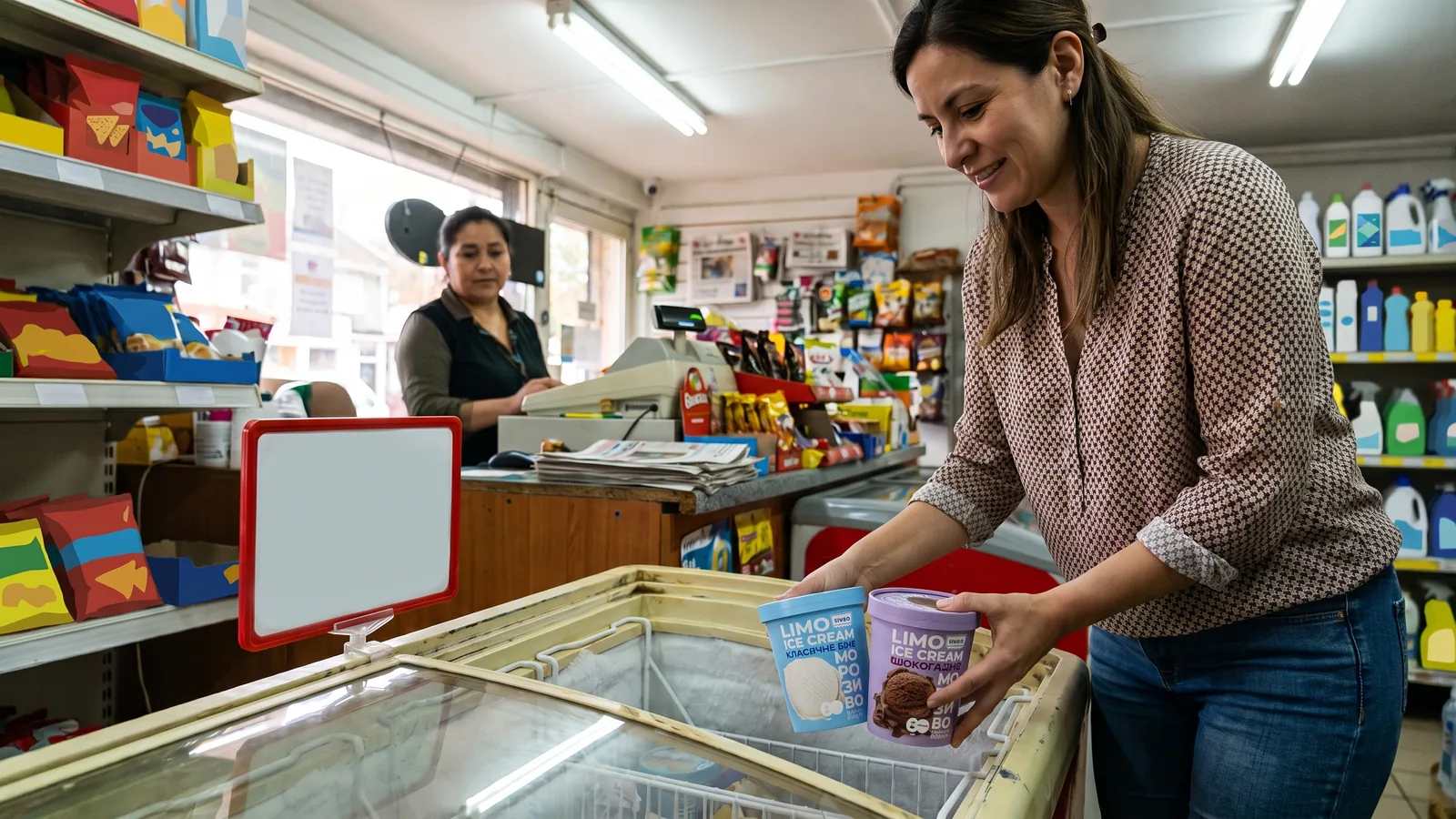 Promoción de helados en un punto de venta minorista.