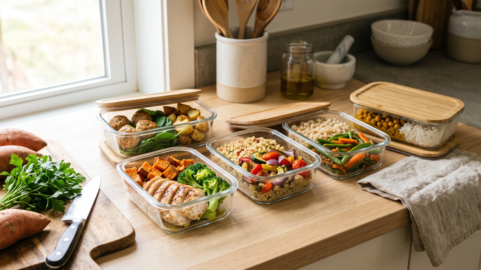 Varias marmitas fitness listas con pollo, vegetales y quinoa, organizadas para la semana