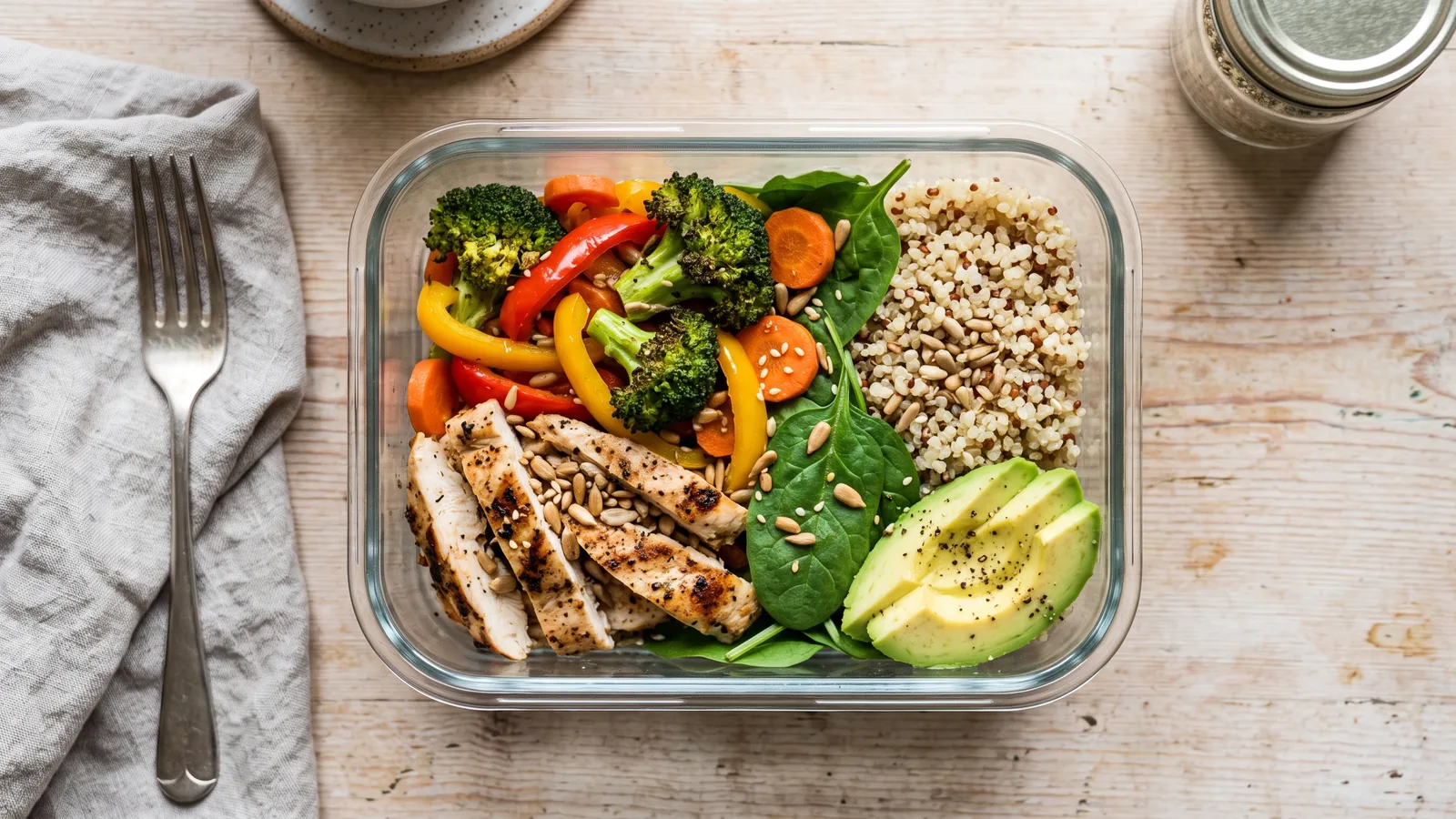 Marmita fitness equilibrada con vegetales, proteína y carbohidratos complejos vista desde arriba