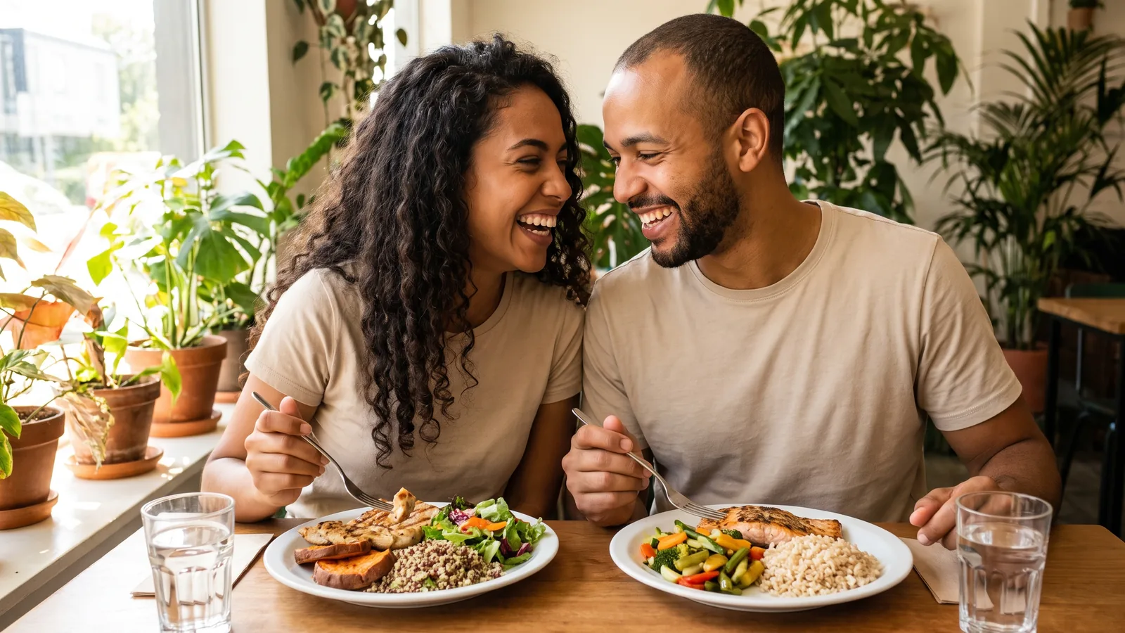Brasileños durante un almuerzo equilibrado con proteína, verduras y granos integrales