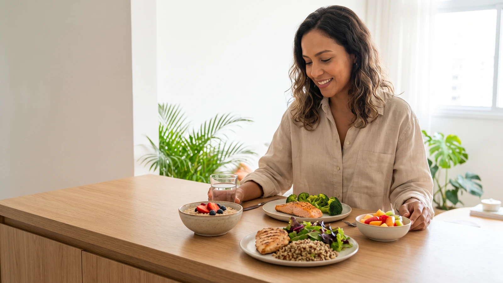 Mujer brasileña con un ejemplo de menú equilibrado para el día, con desayuno, almuerzo y cena