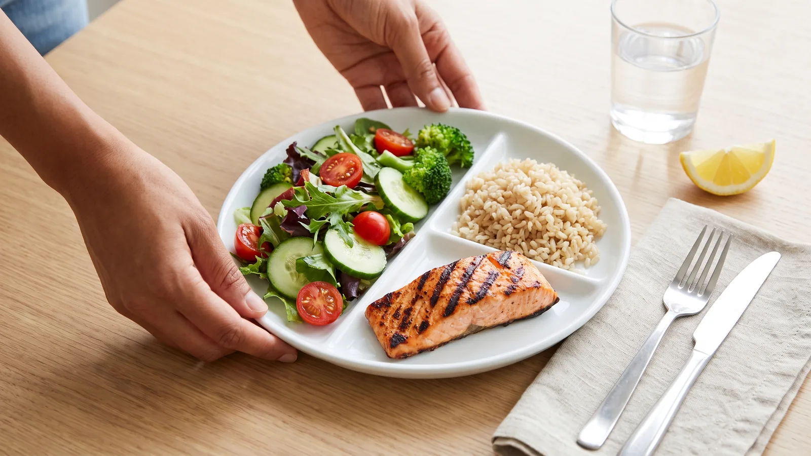 Plato equilibrado con la mitad de verduras, una porción de proteína y una porción de carbohidrato