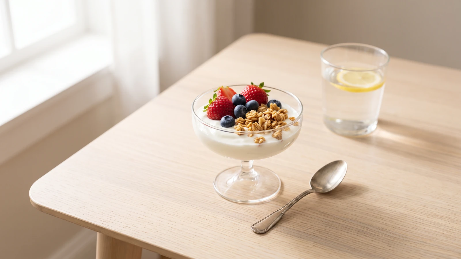 Yogur natural con frutos rojos y granola como opción de merienda liviana y equilibrada
