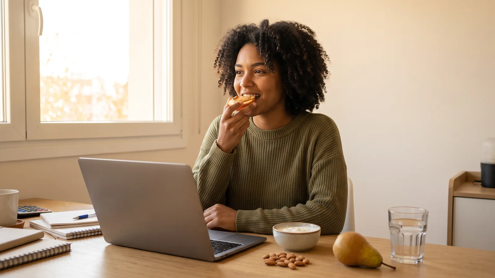 Persona haciendo una pausa en el trabajo para una merienda de la tarde simple y equilibrada