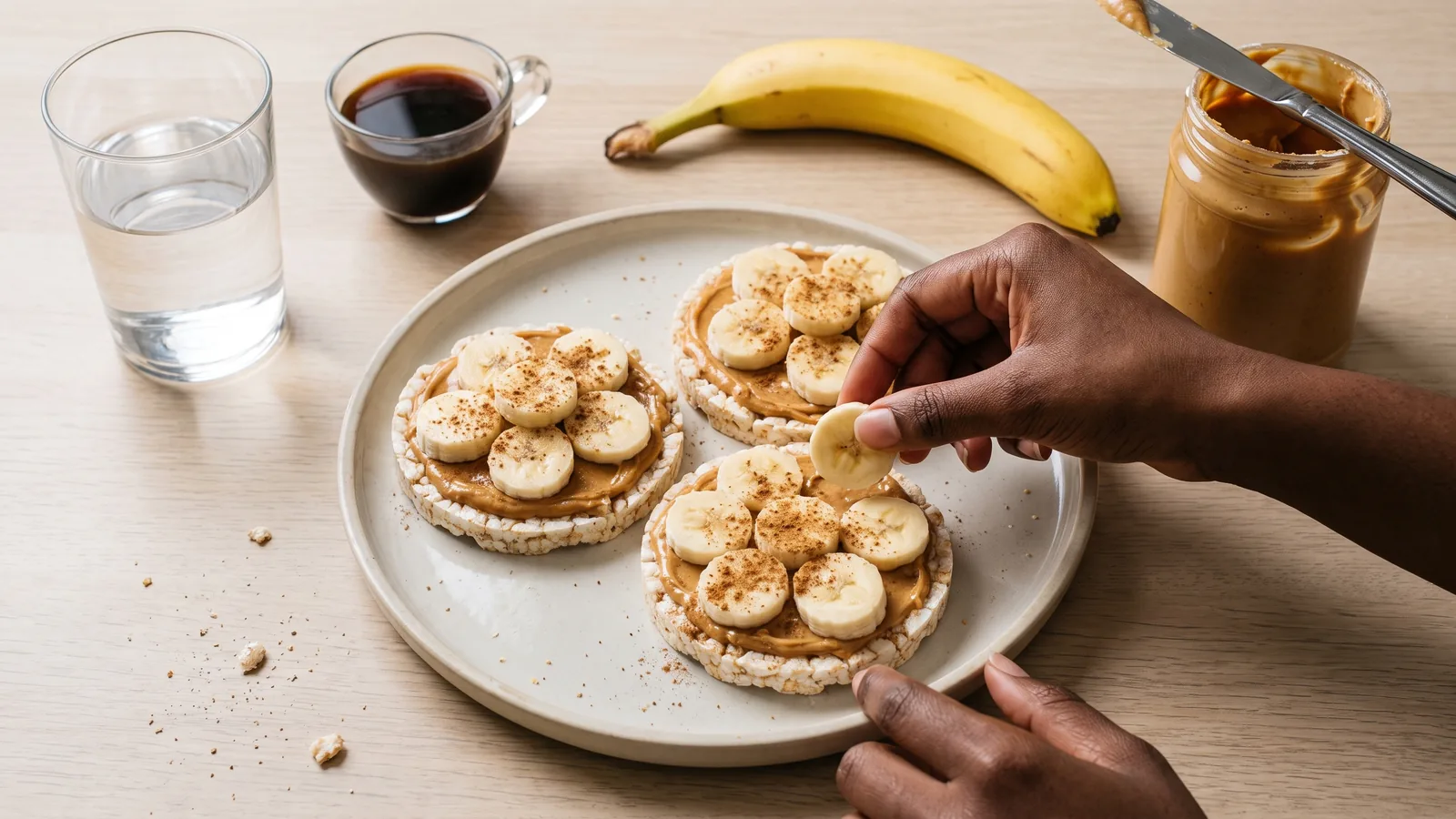 Galletas de arroz con crema de maní y guineo como opción rápida de merienda para el día a día