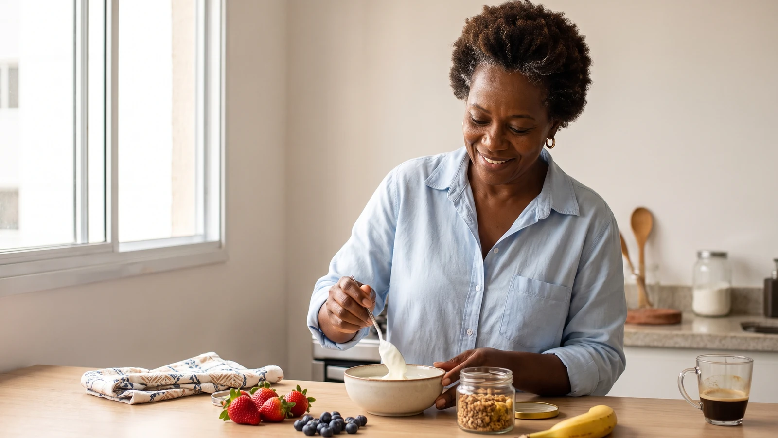 Mujer negra preparando una merienda saludable y rápida con yogur, frutos rojos y granola en una cocina iluminada
