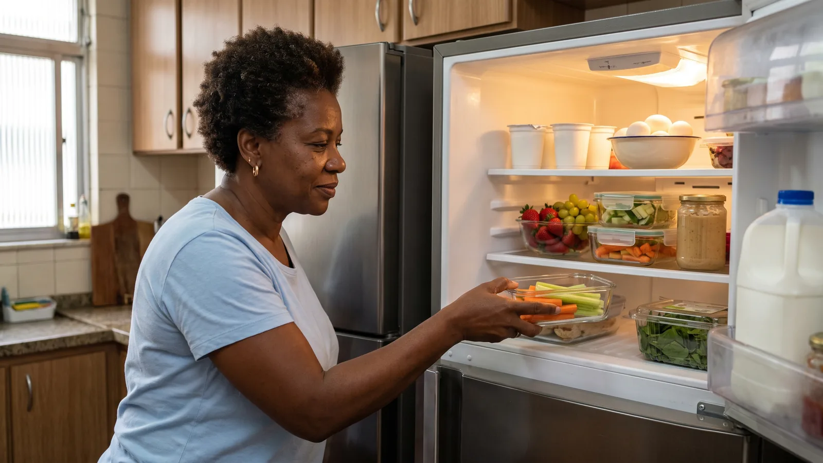 Persona negra eligiendo una merienda saludable en una heladera organizada con frutas, yogur, huevos y vegetales