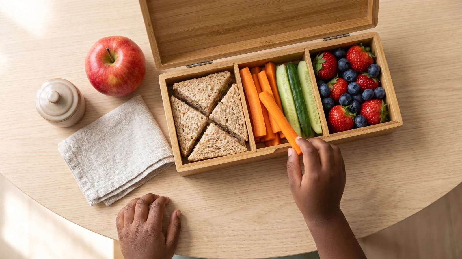 Lonchera escolar saludable y balanceada con mini sándwiches, palitos de vegetales y frutas