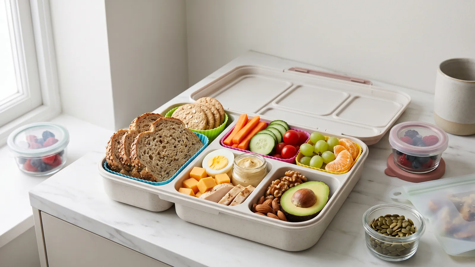 Ejemplo de lonchera escolar balanceada con proteína, vegetales, frutas e integrales