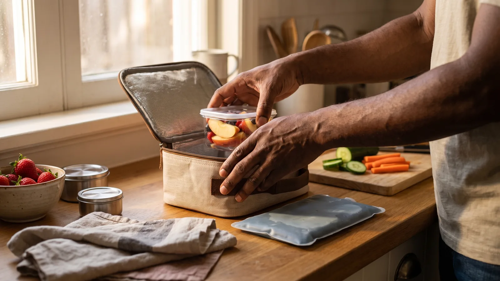 Preparación de una merienda escolar saludable en casa con envases y alimentos frescos