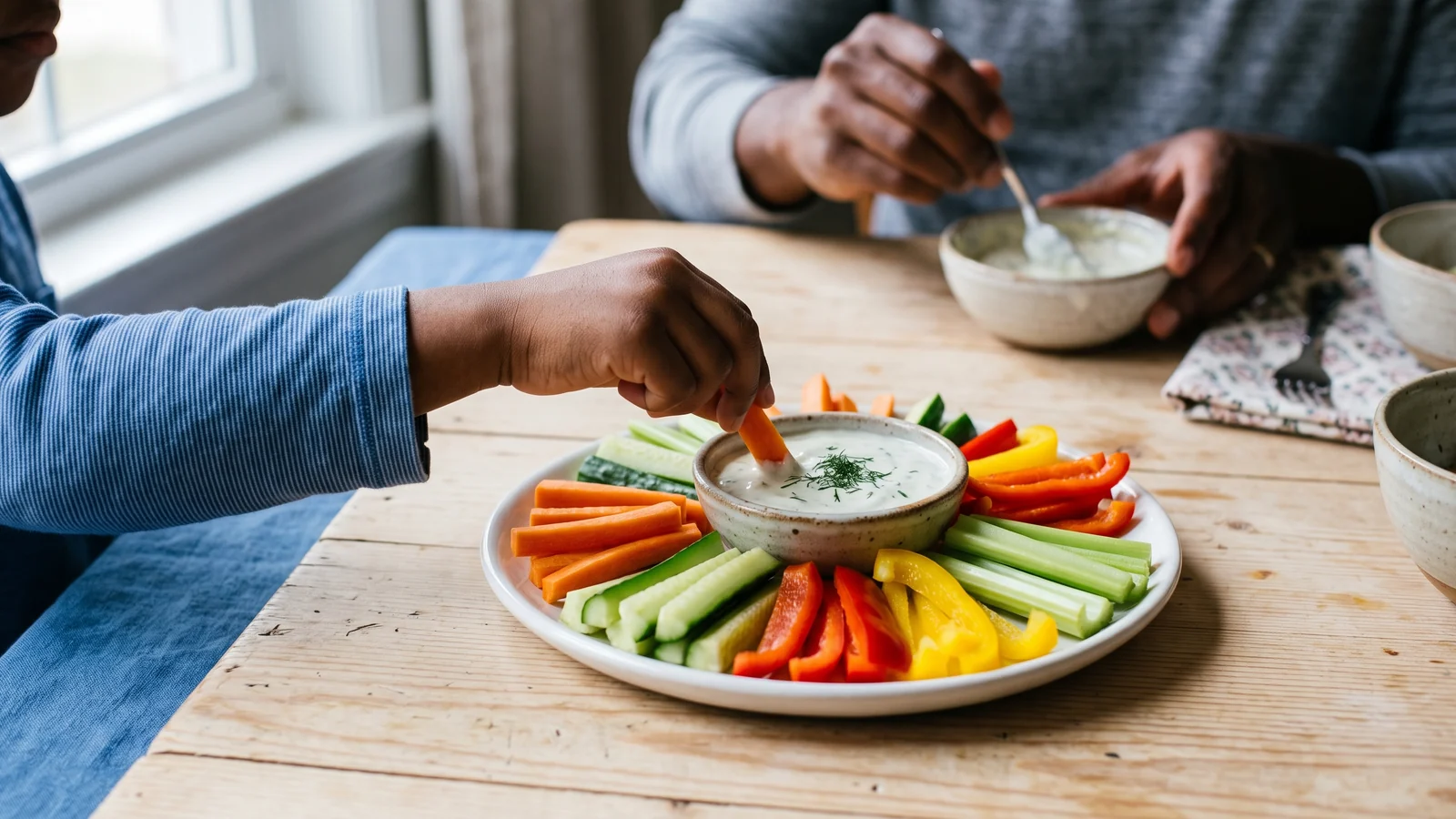 Palitos de vegetales coloridos con salsa de yogur para niños.